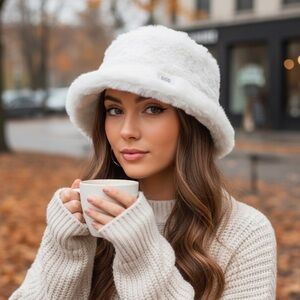 UGG Faux Fur White Furry Bucket Hat Nimbus S/M